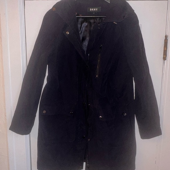 DKNY Hooded Water-Resistant Raincoat Women’s Medium Navy - Picture 3 of 7